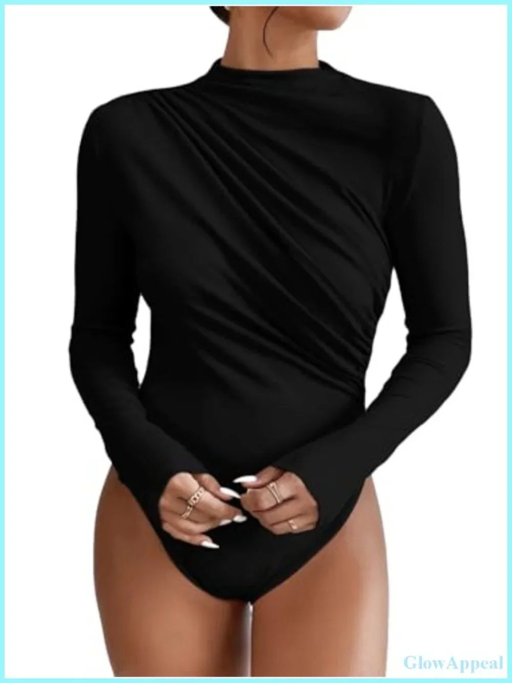 Mock Neck Long Sleeve Ruched Bodysuit Slim Fit Casual Top